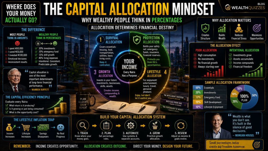 # The Capital Allocation Mindset: Why Wealthy People Think in Percentages## How Financial Destiny Is Determined Less by Income—and More by Allocation## Introduction: The Hidden Difference Between the Rich and Everyone ElseMost people focus heavily on:* How much money they earnWealthy people focus heavily on:* Where money goesThis distinction appears simple, but it changes everything.Two people can earn the same income and end up with completely different financial outcomes.One person:* Builds assets
* Expands investments
* Increases long-term wealthThe other:* Remains trapped in financial pressure
* Lives paycheck to paycheck
* Experiences little lasting growthThe difference is often not:* Intelligence
* Luck
* TalentThe difference is:> **Allocation.**Wealthy individuals understand a principle that many people ignore:> **Financial destiny is determined less by income size and more by capital allocation efficiency.**---# The Core Truth> **Core Idea:** Allocation determines financial destiny
> **Angle:** Capital efficiencyMoney behaves differently depending on:* How it is distributed
* What it is assigned to do
* Whether it is consumed or deployed strategically---# The Percentage Thinking MindsetMost financially struggling people think in:* AmountsWealth builders think in:* Percentages---# Example of Amount Thinking* “I spent ₦50,000.”
* “I saved ₦20,000.”
* “I invested ₦100,000.”---# Example of Percentage Thinking* “30% goes to investments.”
* “10% goes to emergency reserves.”
* “15% funds skill growth.”
* “40% covers living expenses.”---# Why This MattersPercentage thinking creates:* Structure
* Scalability
* Predictability
* Financial control---# Amount thinking creates:* Emotional spending
* Inconsistency
* Financial drift---# Insight from AuthorityAs Warren Buffett consistently demonstrates through his investment philosophy:> Capital allocation is one of the most important determinants of long-term financial performance.Buffett’s success has never depended merely on earning money, but on:* Deploying capital efficiently over time.---# What Is Capital Allocation?Capital allocation is:> **The strategic distribution of financial resources toward priorities that maximize long-term value.**Every naira you earn is assigned somewhere.The real question is:> **Is it being allocated intentionally—or emotionally?**---# Every Allocation Creates a FutureMoney allocation is not merely spending.It is:> Future construction.---# Every financial decision creates consequences.Money directed toward:* Consumption
Produces:
* Temporary satisfactionMoney directed toward:* Assets
Produces:
* Future cash flow and wealth expansion---# Insight from AuthorityAs Peter Drucker famously emphasized:> What gets measured gets managed.Percentage allocation creates measurable financial behavior.---# The Four Major Allocation CategoriesMost effective wealth systems allocate capital across four major areas.---# 1. Survival AllocationThis covers:* Food
* Housing
* Transportation
* Utilities
* Basic living costs---# Important Principle:Survival spending should remain controlled.---# Why?Because uncontrolled lifestyle expansion destroys capital efficiency.---# 2. Protection AllocationThis includes:* Emergency funds
* Insurance
* Financial reserves---# Purpose:Protection prevents financial collapse during crises.---# 3. Growth AllocationThis is where wealth acceleration begins.Examples include:* Investments
* Businesses
* Skill acquisition
* Asset accumulation---# Growth allocation creates:* Future earning capacity
* Compounding opportunities---# 4. Lifestyle AllocationThis covers:* Entertainment
* Luxury spending
* Social consumption
* Personal enjoyment---# Important:Lifestyle spending is not inherently bad.The problem occurs when:> Lifestyle consumes capital meant for growth.---# The Capital Efficiency PrincipleWealthy individuals constantly evaluate:> “What return is this money producing?”---# This is capital efficiency thinking.Every naira is assessed based on:* Long-term value
* Productivity
* Opportunity cost---# Example:Two people receive:* ₦500,000---# Person A allocates toward:* Gadgets
* Fashion
* Social spending---# Person B allocates toward:* Investments
* Skill systems
* Business expansion---# Five years later:The outcomes may differ dramatically.---# Why?Because:> Allocation compounds over time.---# The Nigerian Context: Why Allocation Matters More Than EverNigeria’s economic environment includes:* Inflation pressure
* Currency instability
* Rising living costs---# This means:Poor allocation decisions become increasingly expensive.Without strategic allocation:* Income growth may never translate into wealth growth.---# Many people experience:* Salary increases
But:
* No meaningful financial progress---# Why?Because increased income is often absorbed immediately into:* Lifestyle inflation---# Insight from AuthorityAs Morgan Housel explains:> Wealth is what you don’t see.Real wealth is often:* Unspent capital
* Accumulated assets
* Deferred consumption---# The Lifestyle Inflation TrapOne of the greatest enemies of capital allocation is:> Lifestyle drift.---# This occurs when:Income increases lead immediately to:* Bigger expenses
* Higher consumption
* More status spending---# Result:Financial pressure remains constant despite higher earnings.---# The wealthy often behave differently.Instead of scaling consumption aggressively, they scale:* Investments
* Assets
* Ownership---# Percentage Thinking Creates StabilityWhen finances operate through percentages:* Decisions become less emotional
* Systems become more predictable---# Example FrameworkA structured income allocation model may include:* 50% essentials
* 20% investments
* 10% emergency reserves
* 10% skill development
* 10% lifestyle enjoyment---# The exact percentages may differ.The critical issue is:> Intentional structure.---# The Psychology of AllocationAllocation reflects:* Priorities
* Identity
* Long-term thinking---# Financial chaos often reveals:* Lack of systems
* Reactive decision-making
* Absence of planning---# Strong allocation systems create:* Discipline
* Financial clarity
* Reduced anxiety---# The Difference Between Earners and BuildersEarners focus mainly on:* Generating incomeBuilders focus on:* Directing capital strategically---# This is why:Some high earners remain financially unstable while moderate earners gradually accumulate wealth.---# The Role of Opportunity CostEvery allocation decision carries:> Opportunity cost.---# Money spent today cannot simultaneously:* Compound tomorrow---# Insight from AuthorityEconomist Thomas Sowell famously observed:> There are no solutions. There are only trade-offs.Every allocation choice involves trade-offs between:* Present consumption
And:
* Future growth---# Building Your Capital Allocation System---# Step 1: Track Current AllocationAsk:* Where does my money actually go?---# Step 2: Create Percentage RulesAssign:* Specific percentages to priorities---# Step 3: Automate AllocationUse:* Separate accounts
* Automatic transfers
* Investment systems---# Step 4: Prioritize Growth AllocationEnsure part of every income cycle funds:* Assets
* Investments
* Future cash flow systems---# Step 5: Review and OptimizeAllocation systems should evolve as:* Income grows
* Responsibilities change
* Financial goals expand---# The Identity ShiftTo build wealth effectively, you must move from:* “I spend money as it comes”To:> **“I deploy capital intentionally according to structure.”**---# The Real TransformationCapital allocation changes:* Financial behavior
* Wealth trajectory
* Long-term outcomes---# Eventually:Money stops disappearing randomly and begins:> Building measurable financial progress.---# The Hard TruthMany people do not have an income problem.They have:> An allocation problem.---# Conclusion: Allocation Shapes DestinyWealth is rarely built accidentally.It is built through:* Structured financial behavior
* Deliberate allocation
* Capital efficiency---Income creates opportunity.But:> Allocation determines outcome.---The people who build lasting wealth are usually not those who merely earn the most.They are:> The people who consistently direct money toward productive purposes over long periods of time.---# Final Thought (Conversion Hook)Ask yourself honestly:> **“Where does my money actually go every month?”**Because the difference between financial pressure and financial freedom is often not how much you earn—It is:> **How efficiently you allocate what you already have.**👉 **Where does your money actually go? Find out on WealthQuizzes**
