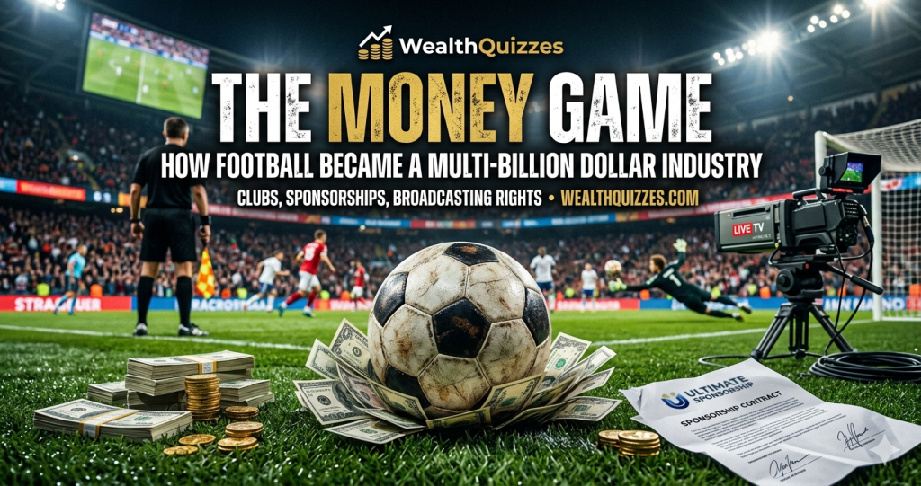 Design a jpeg or jpg 1200 × 630 px hyper-realistic thumbnail/image for thewealthquizzes blog on this article topic: The Money Game: How Football Became a Multi-Billion Dollar Industry Core Idea: Football is also business Angle: Clubs, sponsorships, broadcasting rights Hook: Where does football's money really come from? 