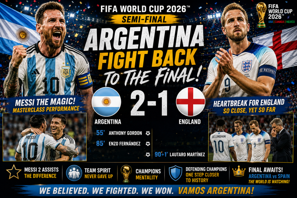 Argentina 2–1 England: Messi the Master Creator as Defending Champions Produce Stunning Late Comeback to Reach the FIFA World Cup 2026 Final